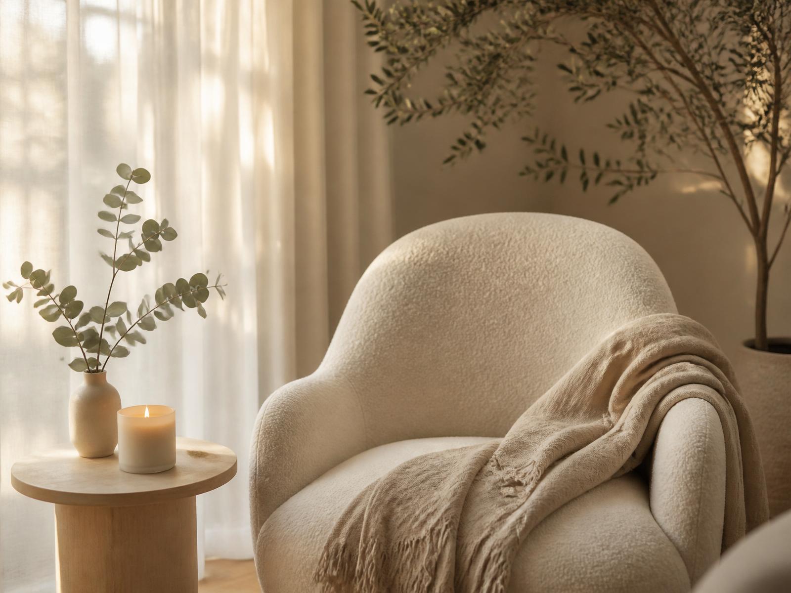 Serene cream armchair with a soft throw and eucalyptus in a sunlit room